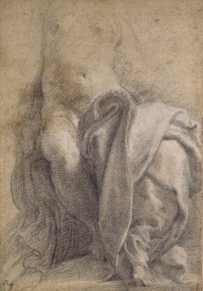 Recto: Zittende halfnaakte Vrouw met Draperie (zwart en wit krijt op papier) door Parmigianino